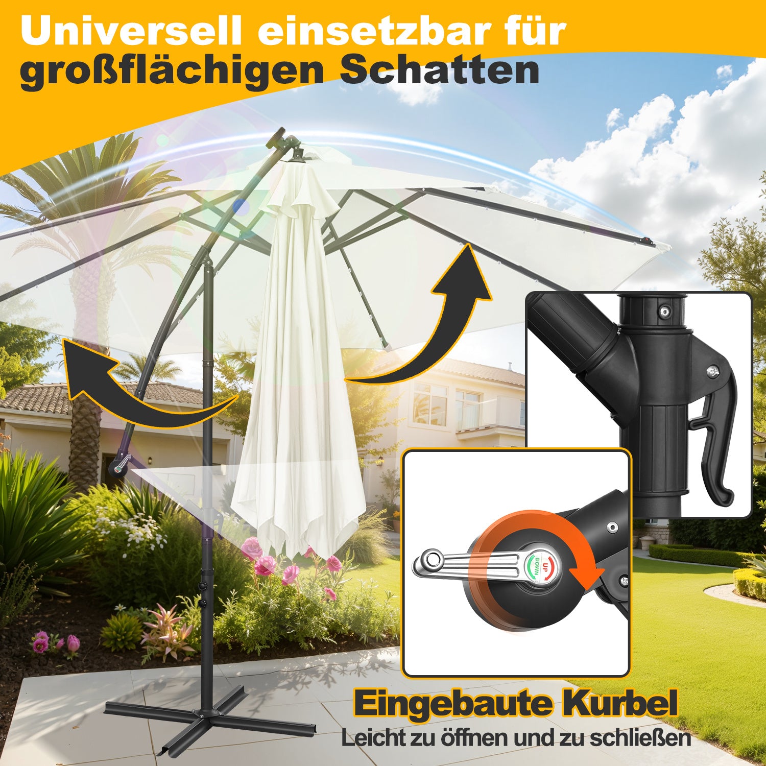 SWANEW Sonnenschirm Ø300/350 cm mit LED Solar, Ampelschirm mit Kurbel, Aluminium Gartenschirm mit Ständer