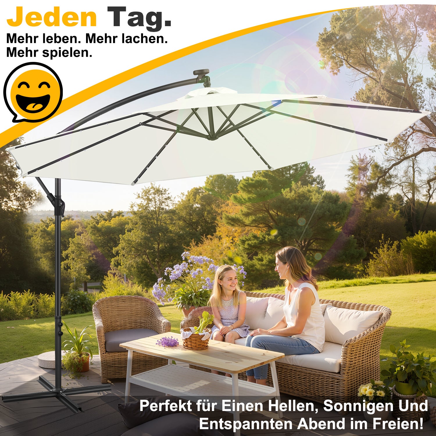 SWANEW Sonnenschirm Ø300/350 cm mit LED Solar, Ampelschirm mit Kurbel, Aluminium Gartenschirm mit Ständer