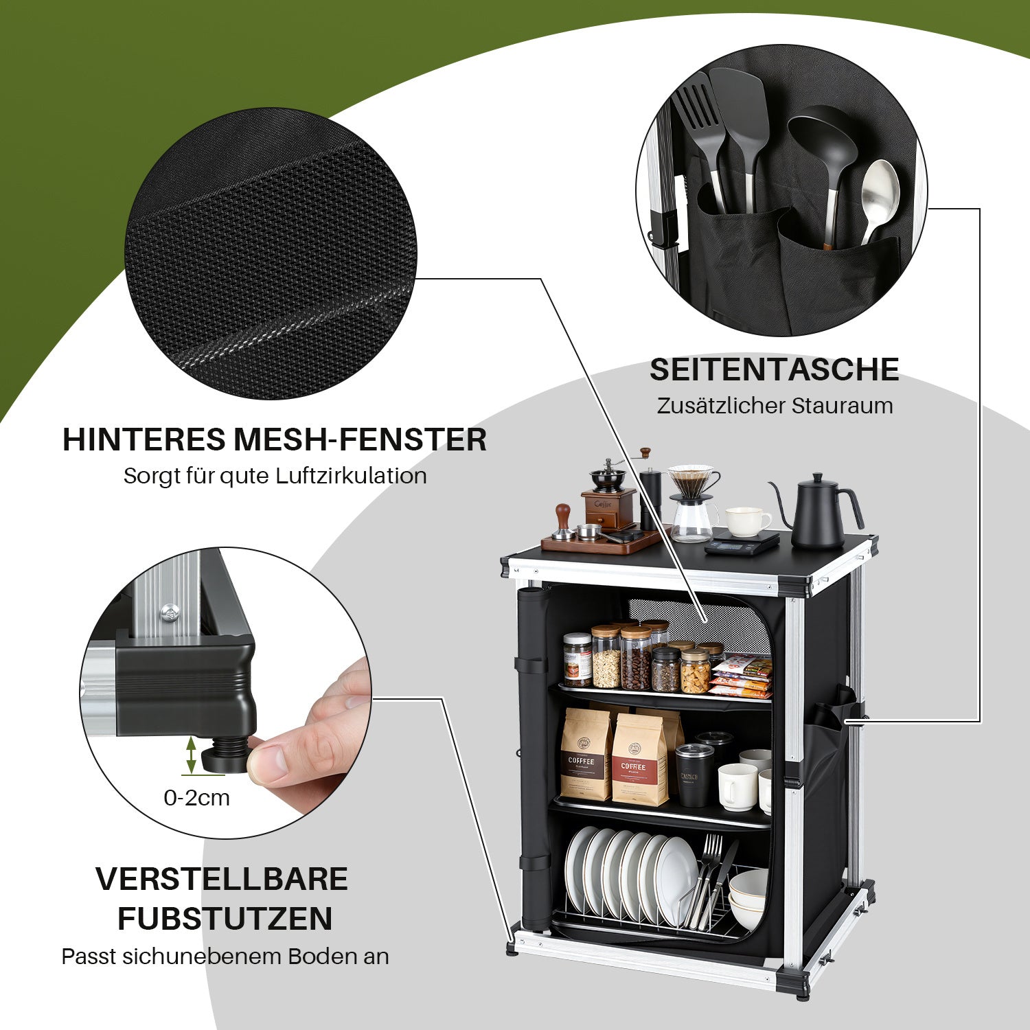 SWANEW Campingküche Campingschrank Klappbar,  Mobiler Küchenschrank, mit 3 Fächern & Tasche