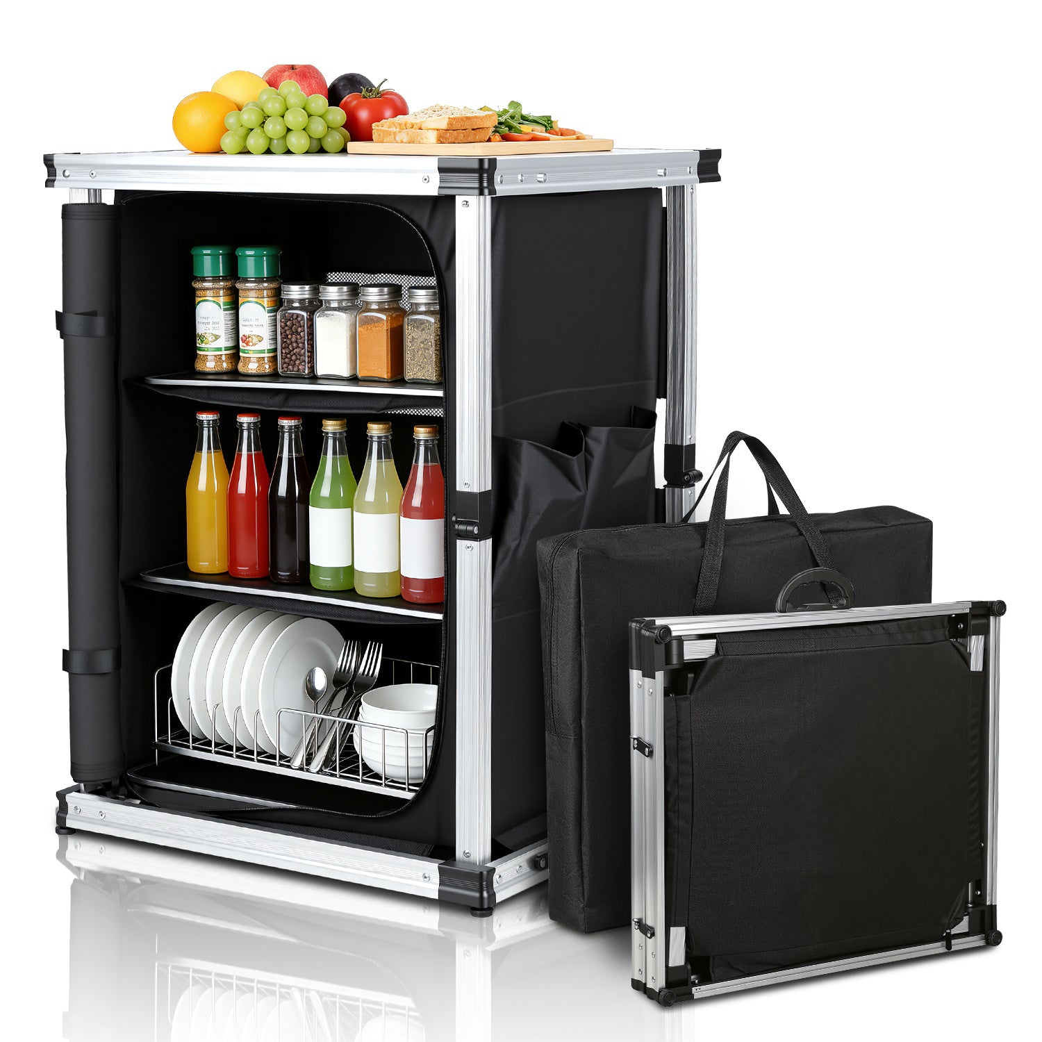 SWANEW Campingküche Campingschrank Klappbar,  Mobiler Küchenschrank, mit 3 Fächern & Tasche