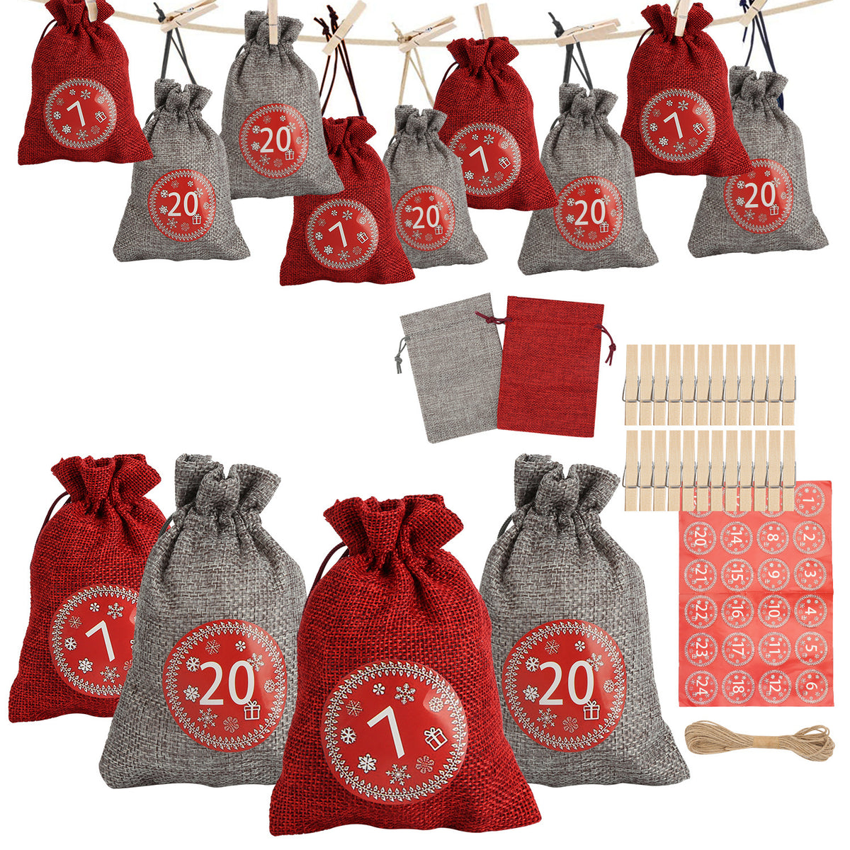 24PCS DIY Adventskalender zum Befüllen, Geschenktüten Säckchen Weihnachten