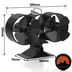 SWANEW Doppelkopf Kaminventilator 8 Blätter mit Thermometer, Ofenventilator Hitzebetrieben, Kamin Ofen Ventilator für Holzbrenner