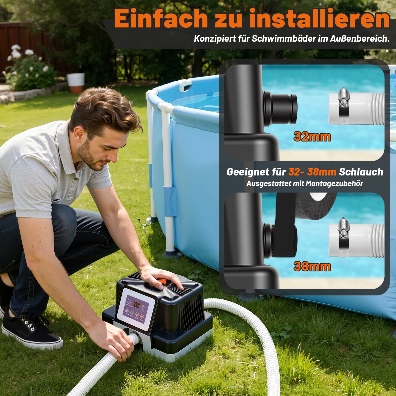SWANEW Poolheizung Elektrisch 3000W, Elektrische Poolheizung mit FI-Schutz & Kippschutz, 32-38mm Anschluss