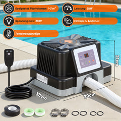 SWANEW Poolheizung Elektrisch 3000W, Elektrische Poolheizung mit FI-Schutz & Kippschutz, 32-38mm Anschluss
