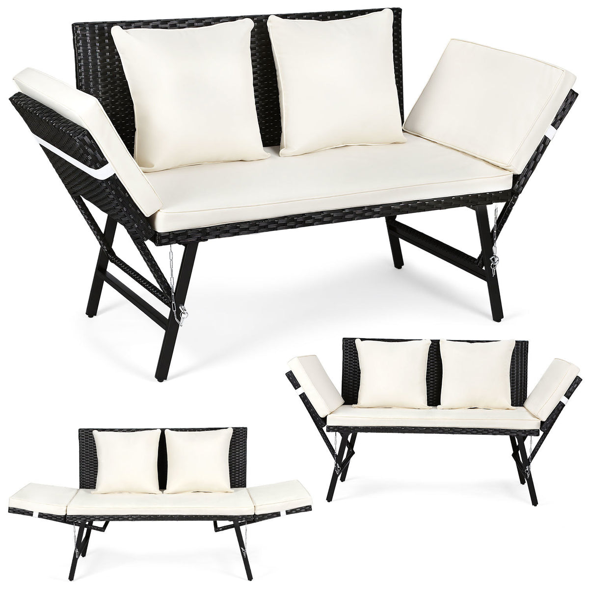 SWANEW Gartenbank Polyrattan mit Liegefunktion, 2-Sitzer Gartensofa