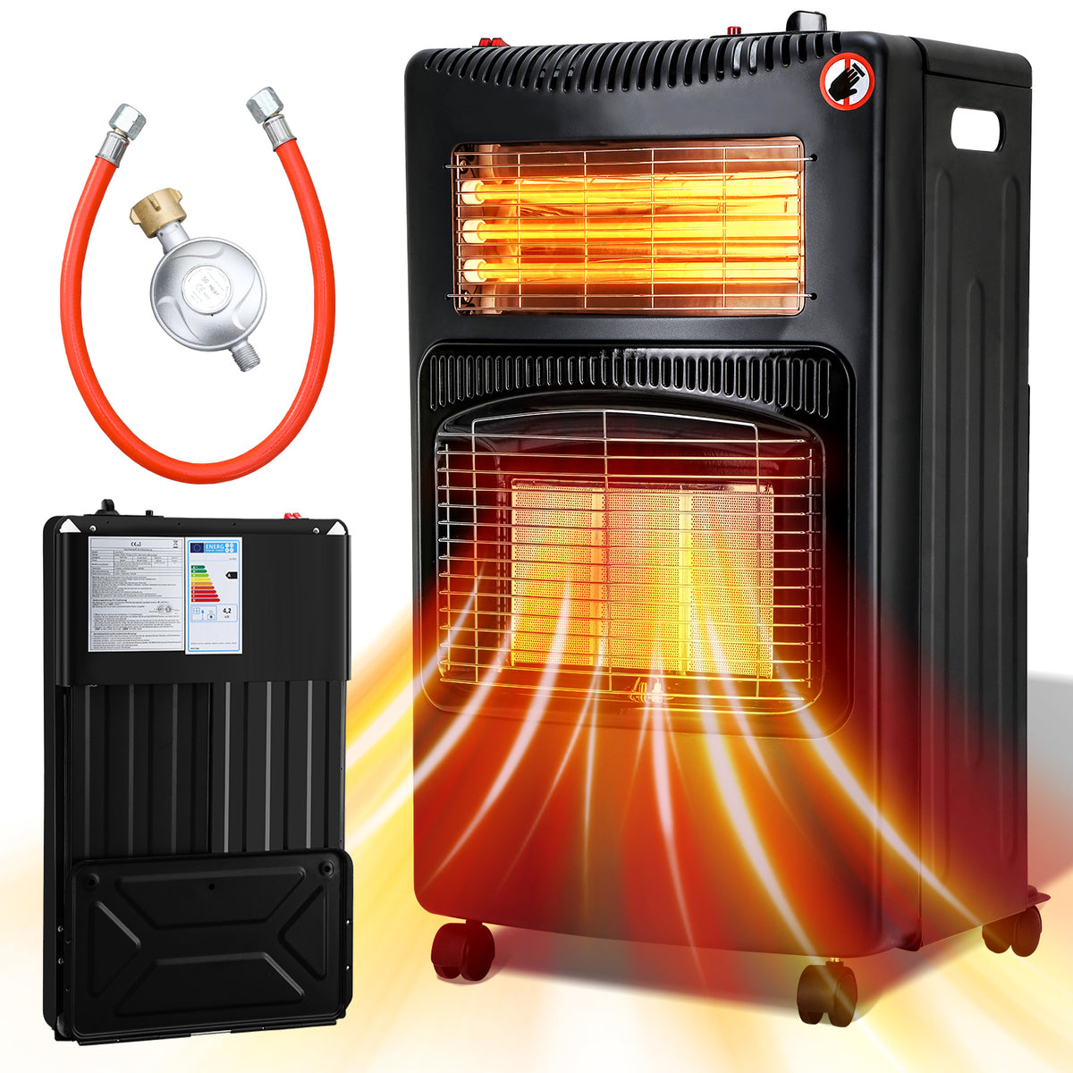 SWANEW Gasheizung, Gasheizer 4200W & Elektroheizung 1260W, Elektrische Gas-Zweizweckheizgeräte, Infrarot Heizstrahler, Heizstrahler Gasheizgerät mit 3 Schutzvorrichtungen [Energieklasse A]