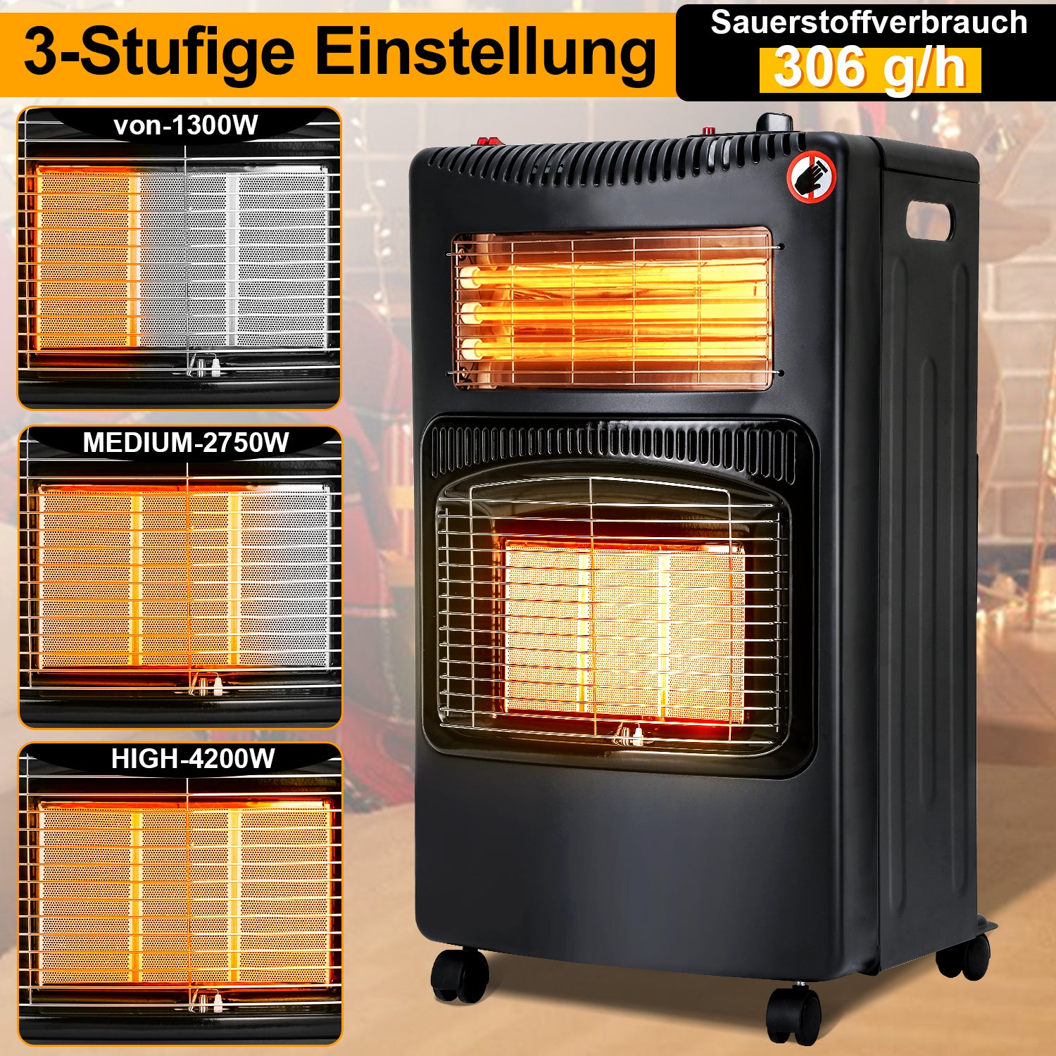 SWANEW Gasheizung, Gasheizer 4200W & Elektroheizung 1260W, Elektrische Gas-Zweizweckheizgeräte, Infrarot Heizstrahler, Heizstrahler Gasheizgerät mit 3 Schutzvorrichtungen [Energieklasse A]