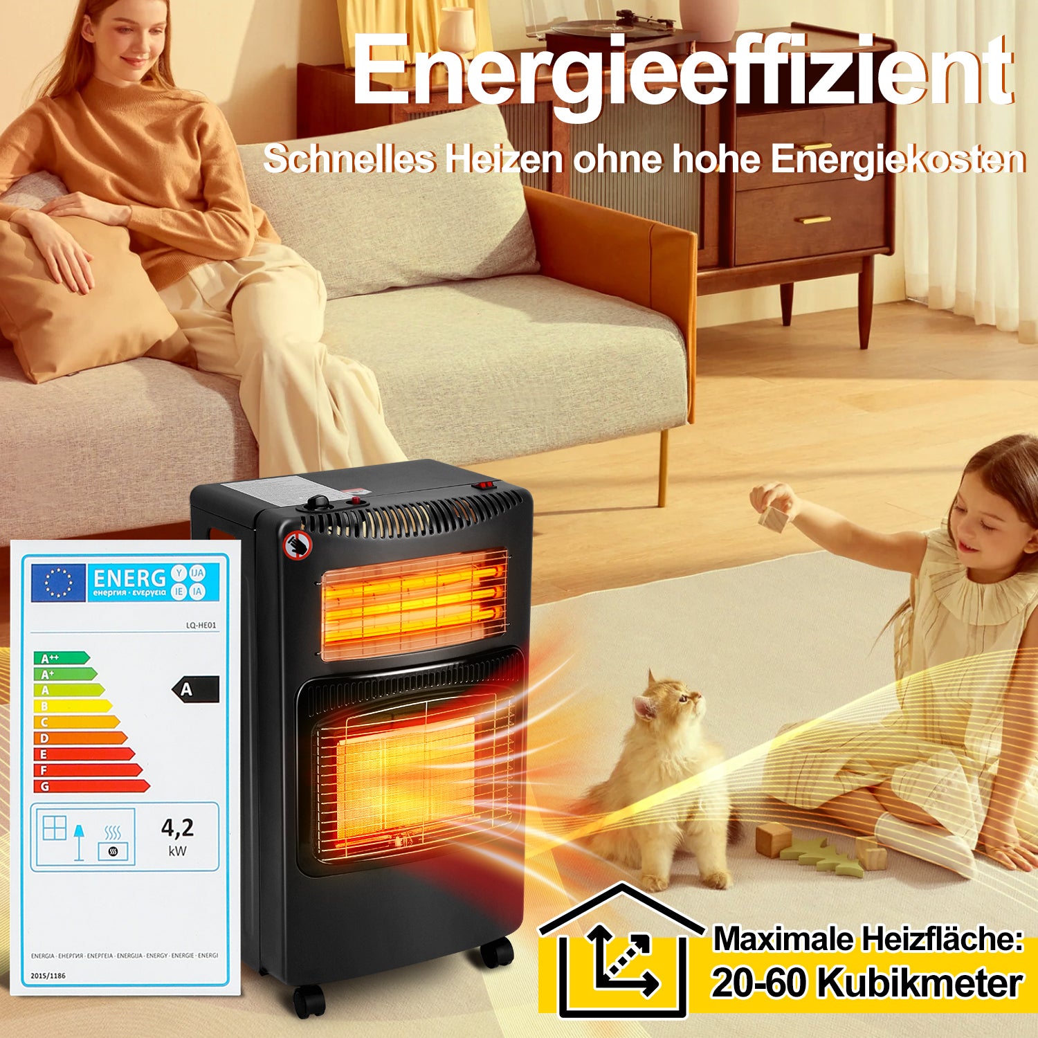 SWANEW Gasheizung, Gasheizer 4200W & Elektroheizung 1260W, Elektrische Gas-Zweizweckheizgeräte, Infrarot Heizstrahler, Heizstrahler Gasheizgerät mit 3 Schutzvorrichtungen [Energieklasse A]