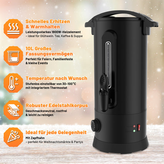 SWANEW Glühweinkocher 10L Schwarz, 1800W Heißgetränkespender, Glühweinkessel Edelstahl, Überhitzungsschutz