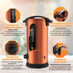 SWANEW Glühweinkocher 8L,  inkl. 1500W Heißgetränkeautomat, Edelstahl Glühweinkessel, Thermostat 30–110°C, inkl. 10 Tassen