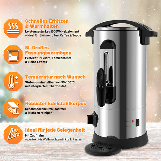 SWANEW Glühweinkocher 8L, Glühweinkessel aus Edelstahl, 1500W Heißgetränkeautomat, Heißgetränkespender, mit Füllstandanzeige