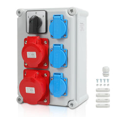 SWANEW Wandverteiler Baustromverteiler CEE 1x32A 5P, 1x16A 5P, 3x230V Schuko Steckdosen, IP44 Wasserdicht, mit L-0-P Schalter, Vorverkabelt Stromverteiler