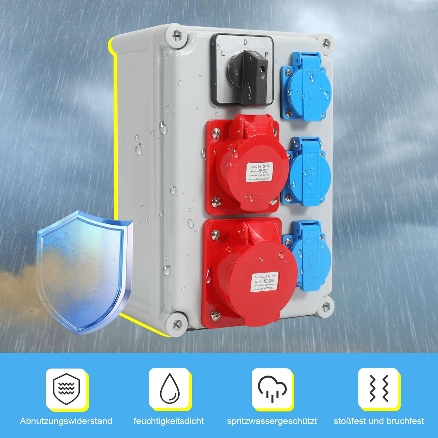 SWANEW Wandverteiler Baustromverteiler CEE 1x32A 5P, 1x16A 5P, 3x230V Schuko Steckdosen, IP44 Wasserdicht, mit L-0-P Schalter, Vorverkabelt Stromverteiler