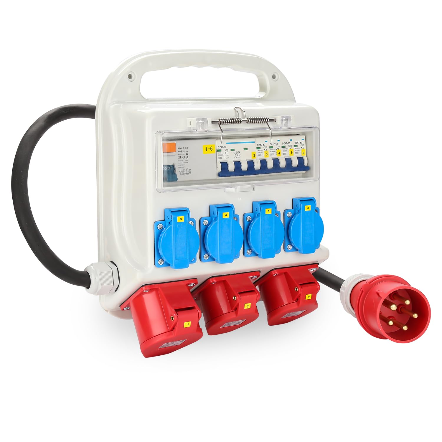 SWANEW Wandverteiler, 2 x CEE 400V/16A + 4 x 230V Schuko IP44 5 polig Stromverteiler, Baustromverteiler 32a, Verteiler Mit Sicherheitsklappdeckeln