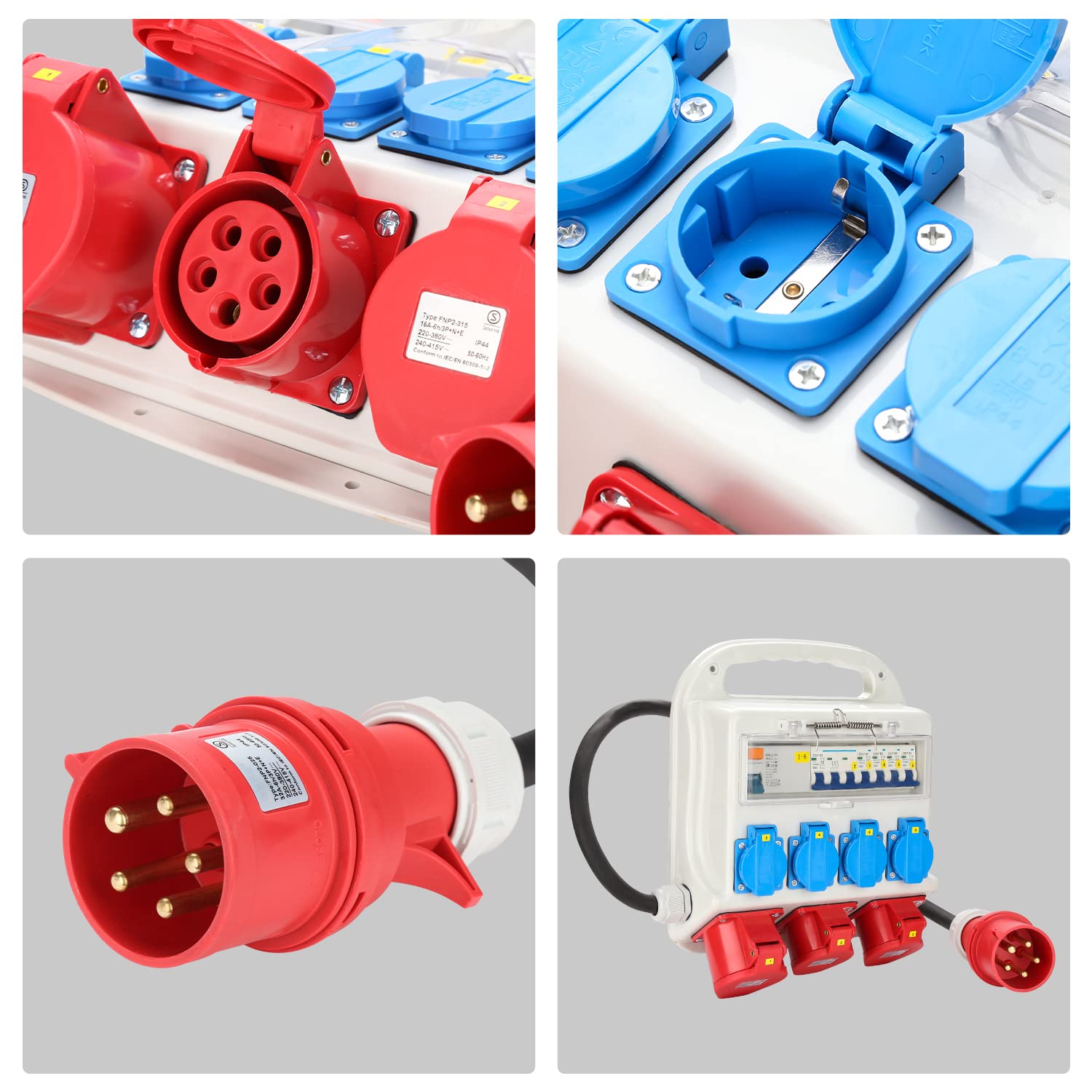 SWANEW Wandverteiler, 2 x CEE 400V/16A + 4 x 230V Schuko IP44 5 polig Stromverteiler, Baustromverteiler 32a, Verteiler Mit Sicherheitsklappdeckeln