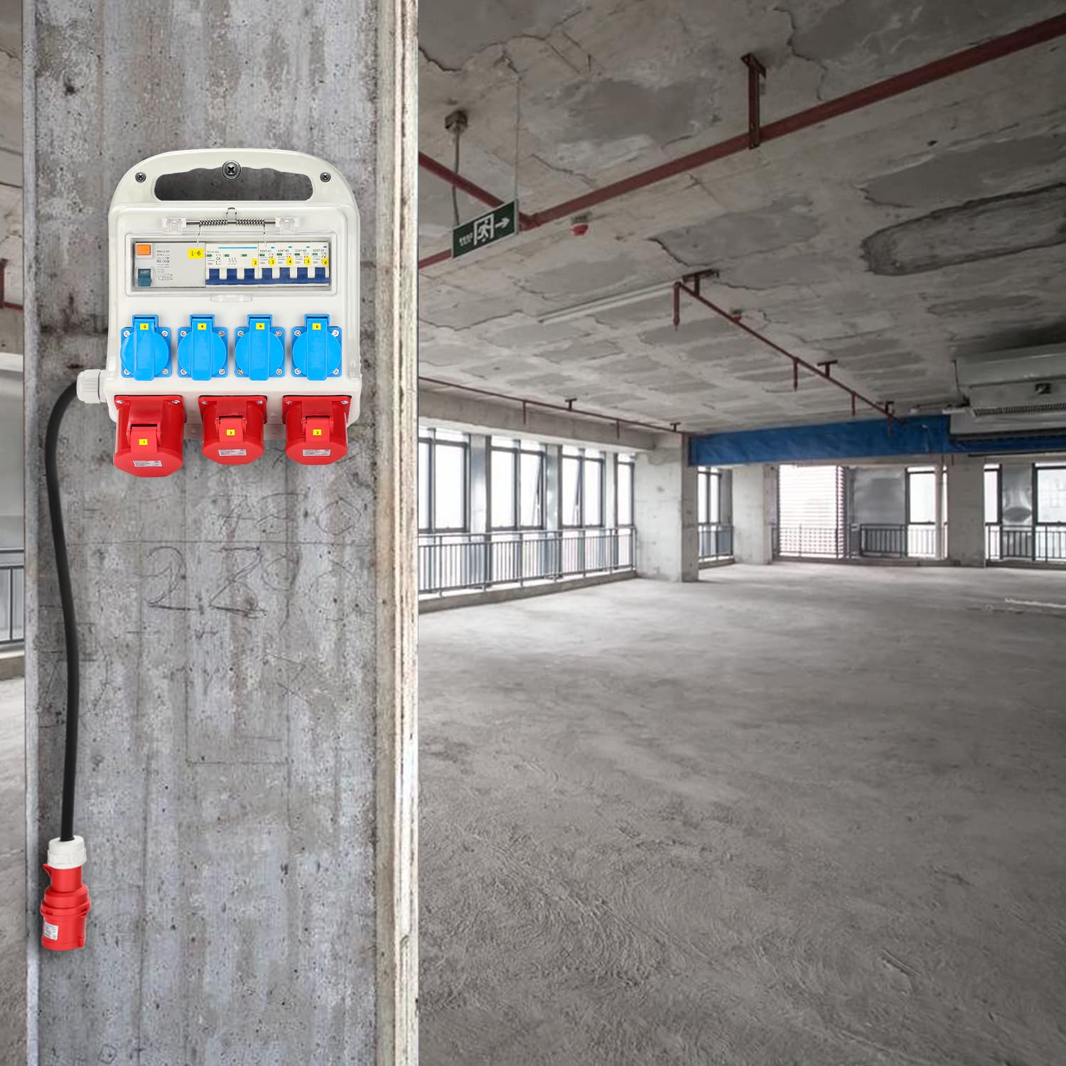 SWANEW Wandverteiler, 2 x CEE 400V/16A + 4 x 230V Schuko IP44 5 polig Stromverteiler, Baustromverteiler 32a, Verteiler Mit Sicherheitsklappdeckeln