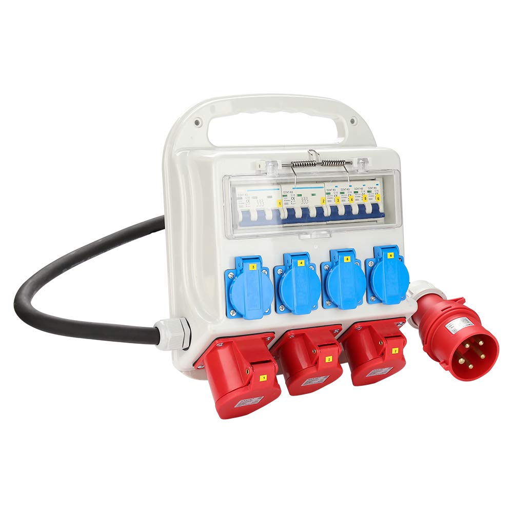 SWANEW Wandverteiler mit FI-Schutzschalter, Stromverteiler Baustromverteiler 2 x CEE 400V/16A+4 x 230V Schuko 5 Polig, IP44,  mit Leitung Für Baustelle