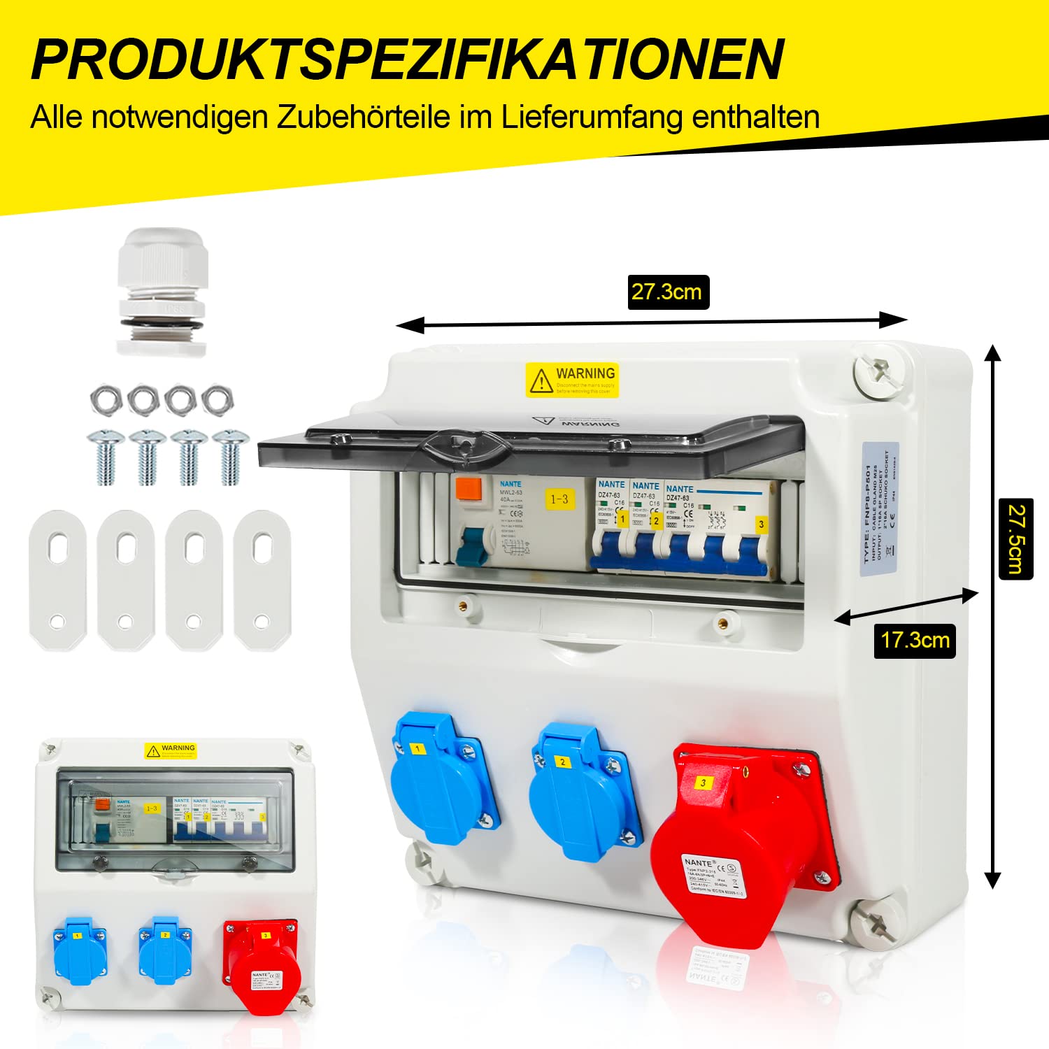 SWANEW Wandverteiler, Stromverteiler, 1X16A 2x230V MIT LS+FI, Baustromverteiler mit RCCB Schalter mit Überlastschutzschalter