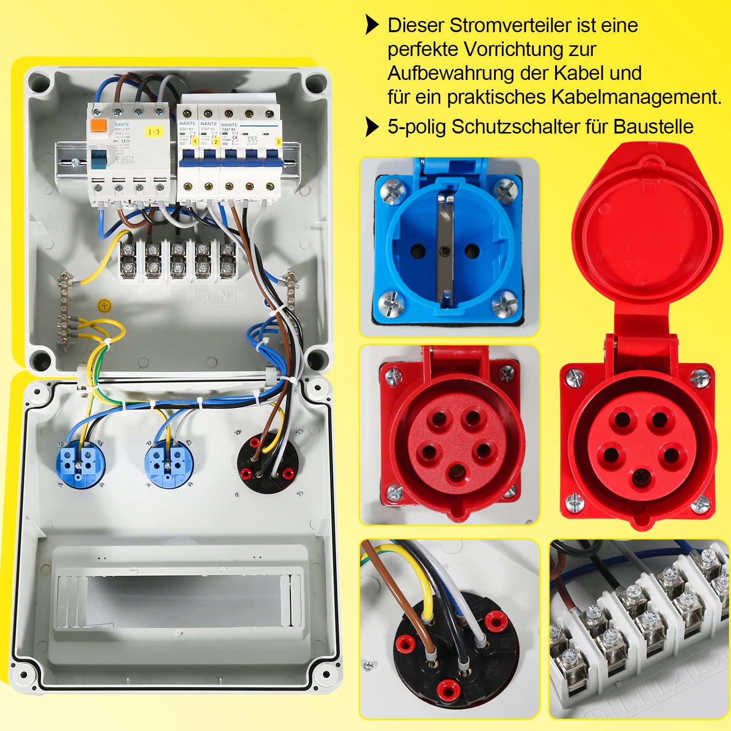 SWANEW Wandverteiler, Stromverteiler, 1X16A 2x230V MIT LS+FI, Baustromverteiler mit RCCB Schalter mit Überlastschutzschalter