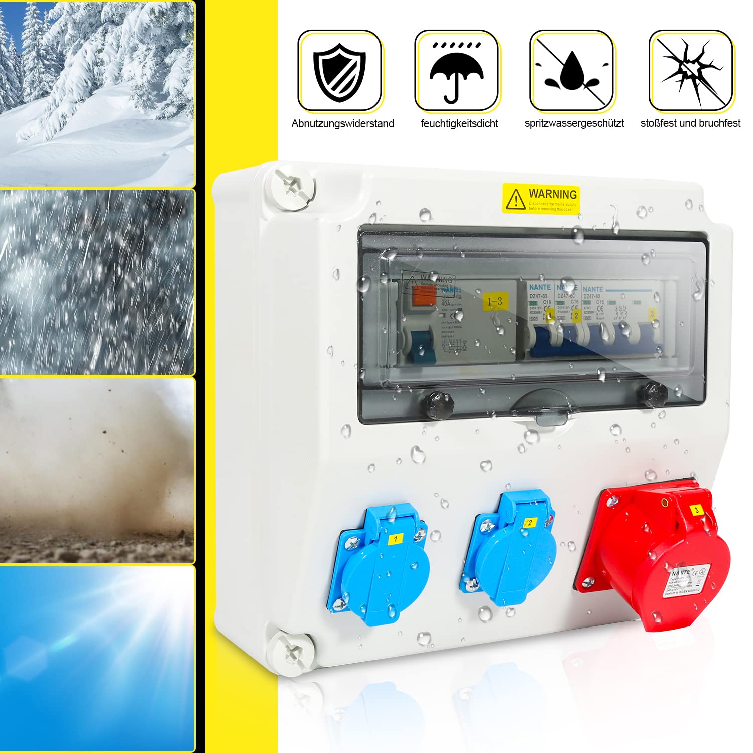 SWANEW Wandverteiler, Stromverteiler, 1X16A 2x230V MIT LS+FI, Baustromverteiler mit RCCB Schalter mit Überlastschutzschalter