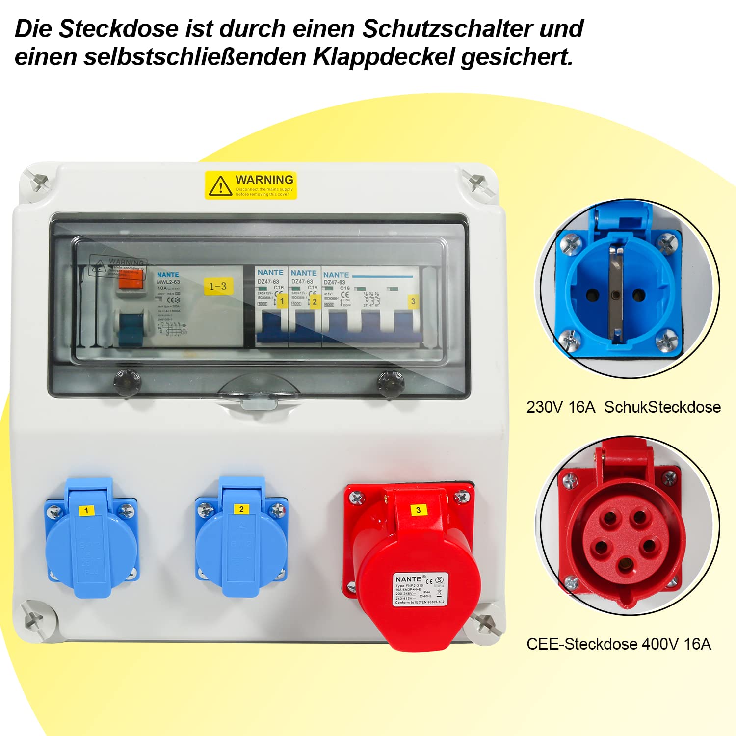 SWANEW Wandverteiler, Stromverteiler, 1X16A 2x230V MIT LS+FI, Baustromverteiler mit RCCB Schalter mit Überlastschutzschalter