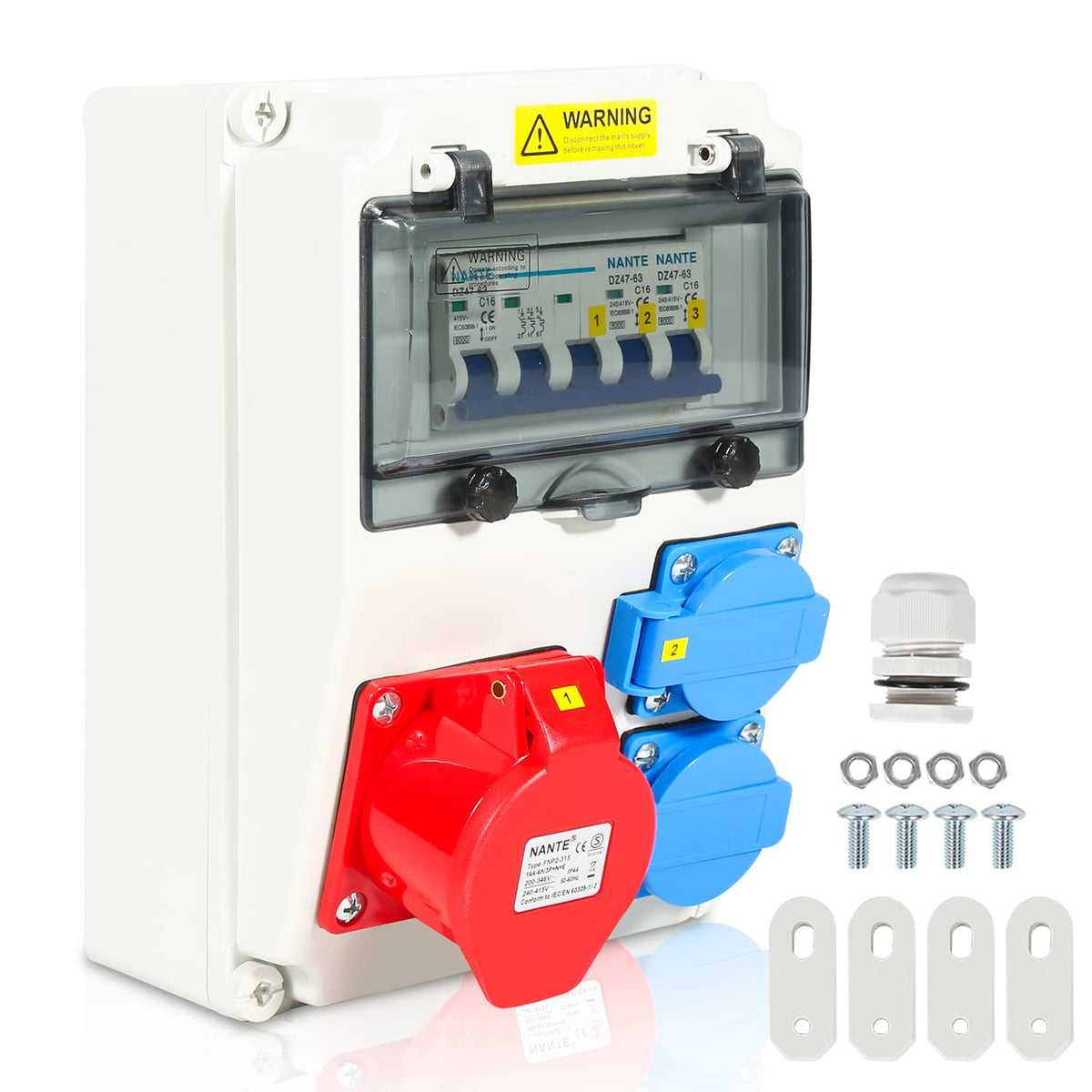 SWANEW Wandverteiler, 16A, Baustromverteiler 2x16A 230V+1xCEE 16A 400V 5 polig, Stromverteiler mit LS-Schalter FI-Schalter, Starkstrom Verteiler IP44 für Baustellen