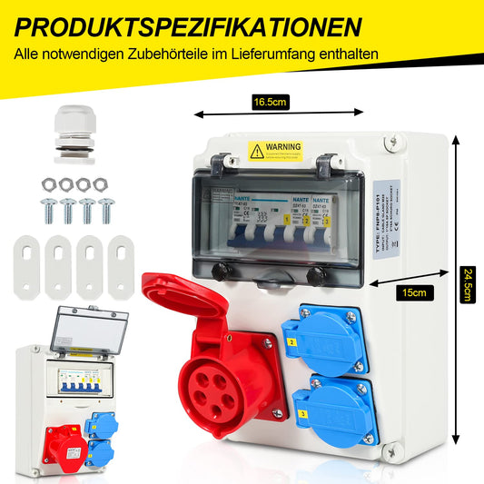 SWANEW Wandverteiler, 16A, Baustromverteiler 2x16A 230V+1xCEE 16A 400V 5 polig, Stromverteiler mit LS-Schalter FI-Schalter, Starkstrom Verteiler IP44 für Baustellen