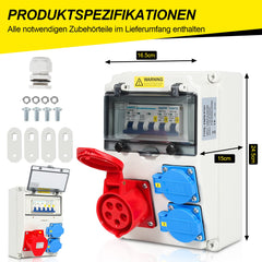 SWANEW Wandverteiler, 16A, Baustromverteiler 2x16A 230V+1xCEE 16A 400V 5 polig, Stromverteiler mit LS-Schalter FI-Schalter, Starkstrom Verteiler IP44 für Baustellen