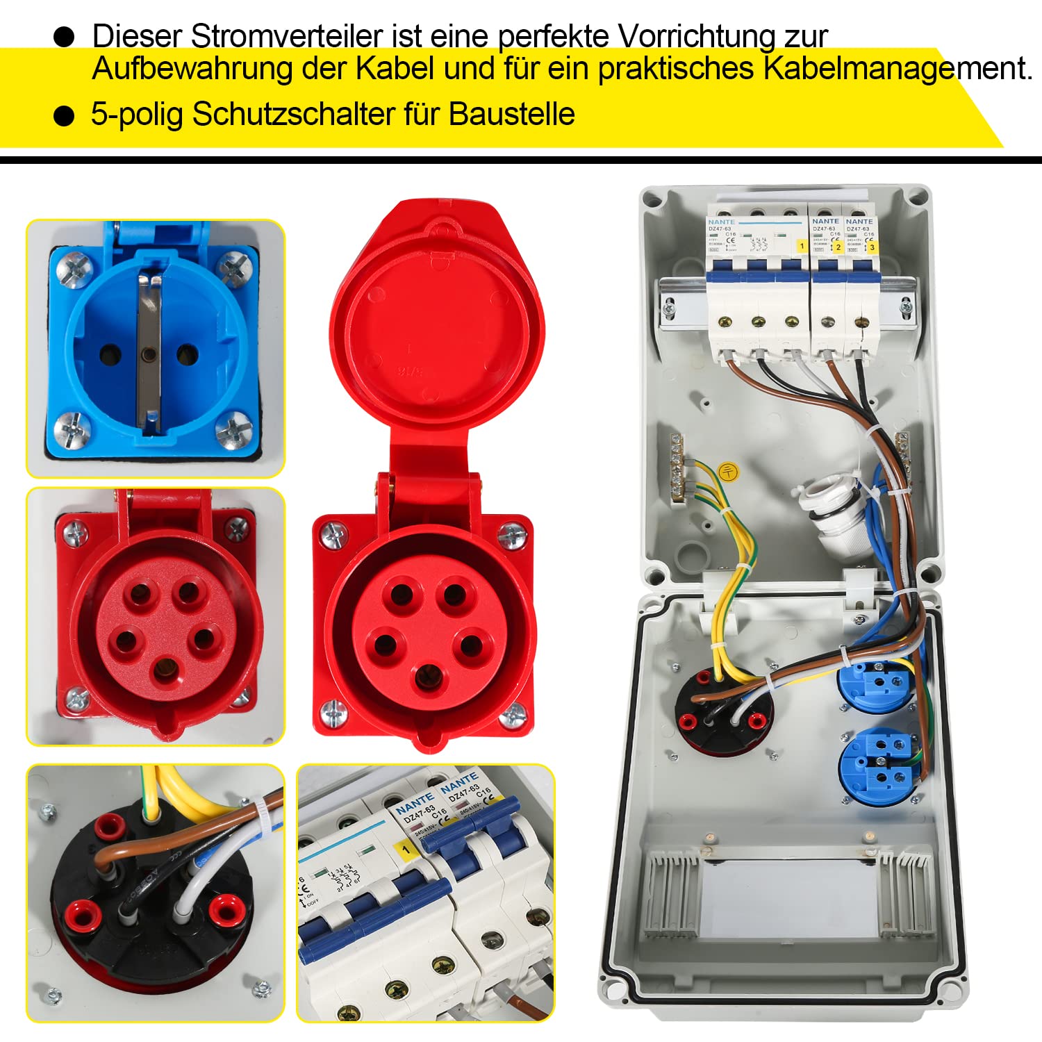 SWANEW Wandverteiler, 16A, Baustromverteiler 2x16A 230V+1xCEE 16A 400V 5 polig, Stromverteiler mit LS-Schalter FI-Schalter, Starkstrom Verteiler IP44 für Baustellen