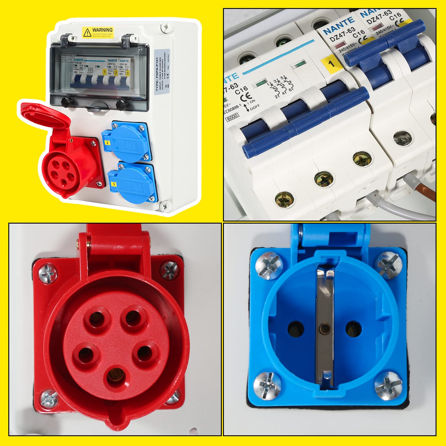 SWANEW Wandverteiler, 16A, Baustromverteiler 2x16A 230V+1xCEE 16A 400V 5 polig, Stromverteiler mit LS-Schalter FI-Schalter, Starkstrom Verteiler IP44 für Baustellen