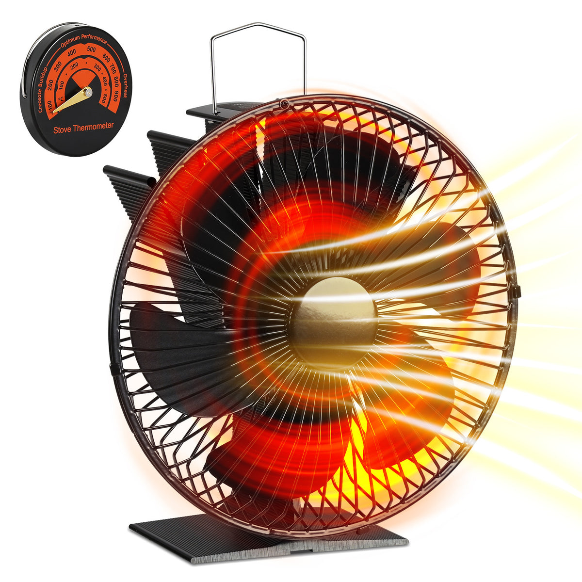 SWANEW Kaminventilator 6 Blätter mit Schutzhülle, Ofenventilator mit Thermometer, Wärmebetriebener Kamin Ventilator