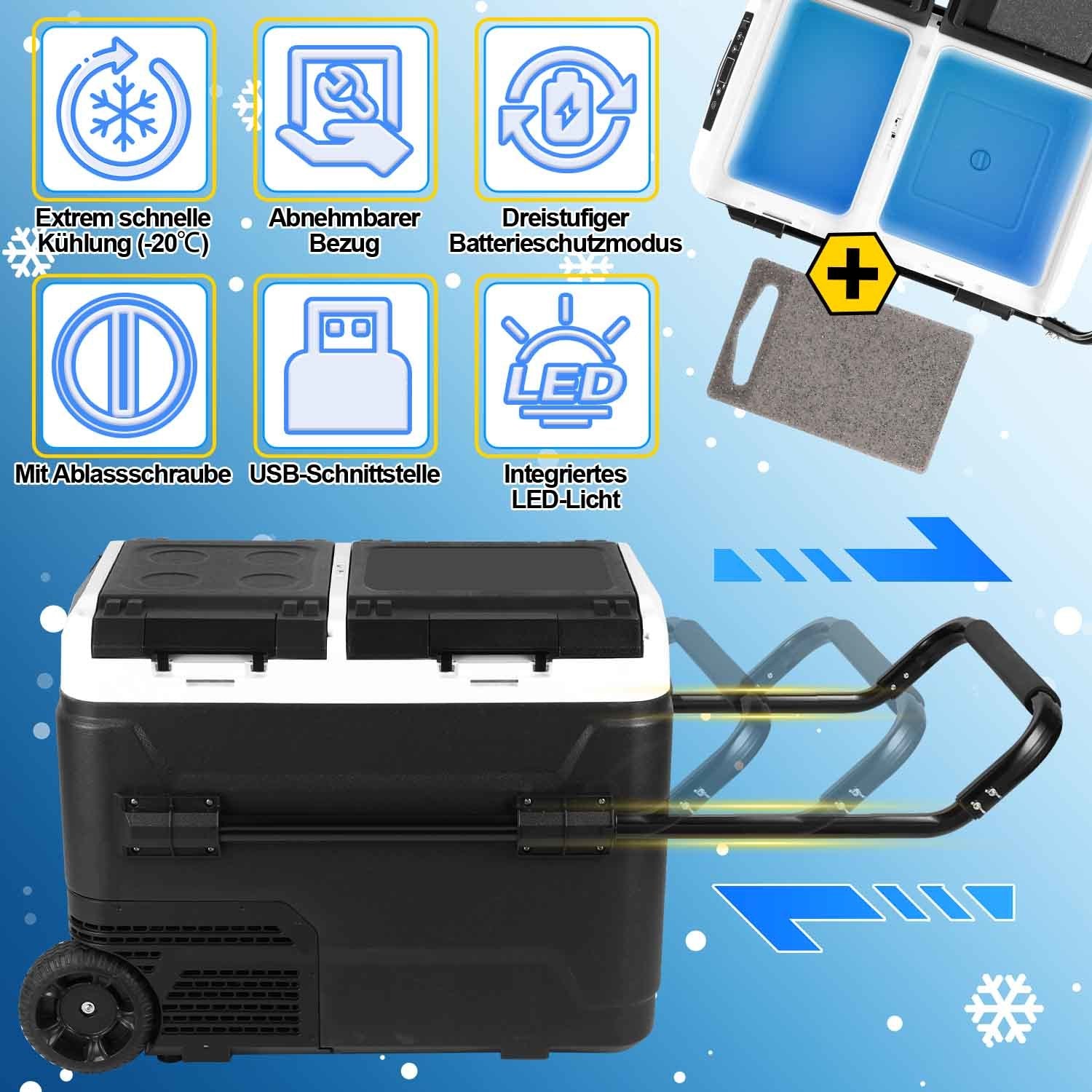 SWANEW  Kompressor Kühlbox elektrisch, Doppeltür Doppelzone Auto Kühlschrank, mit Bluetooth-Steuerung