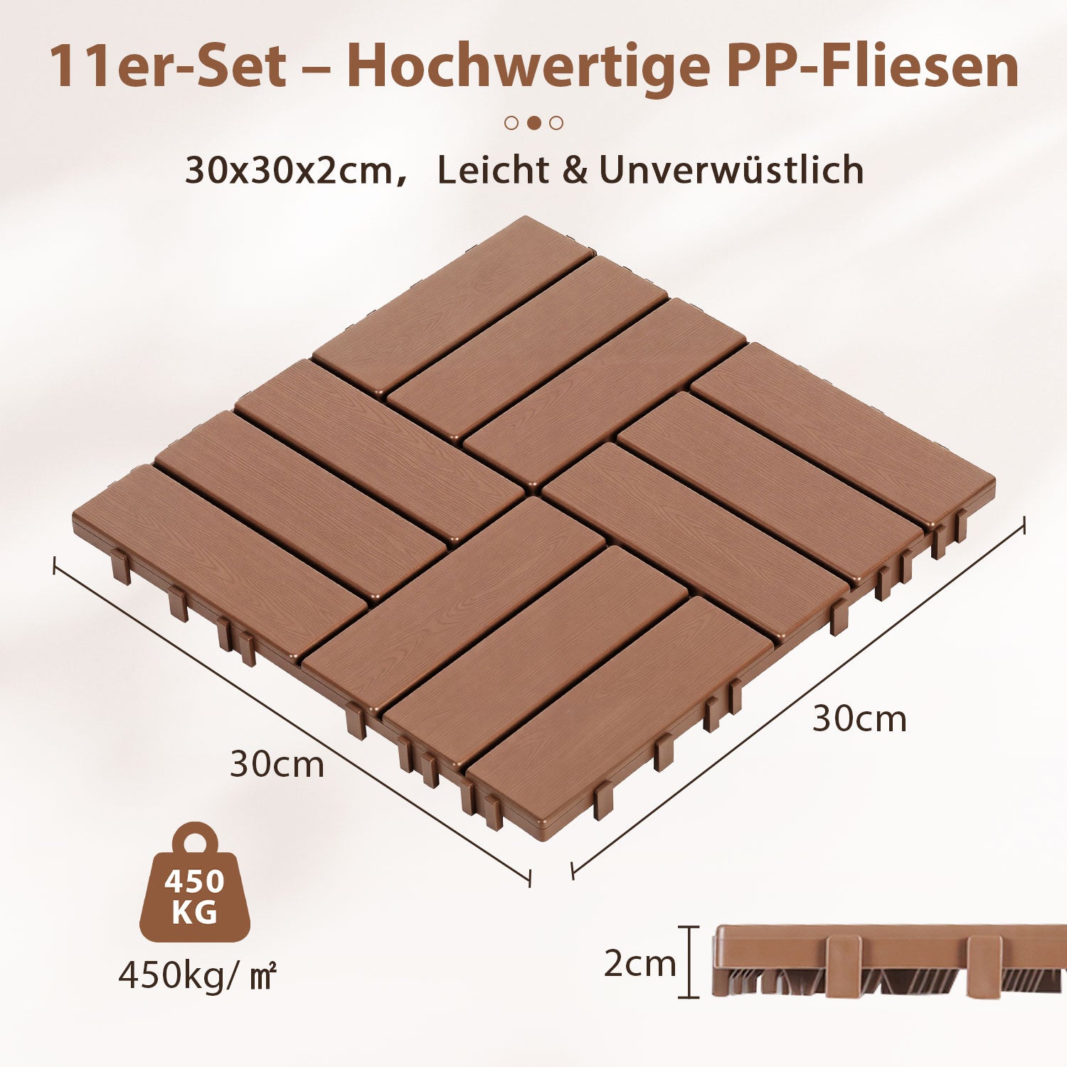 SWANEW Terrassenfliesen 30x30x2cm, PP Balkonfliesen, mit Drainage-Klicksystem