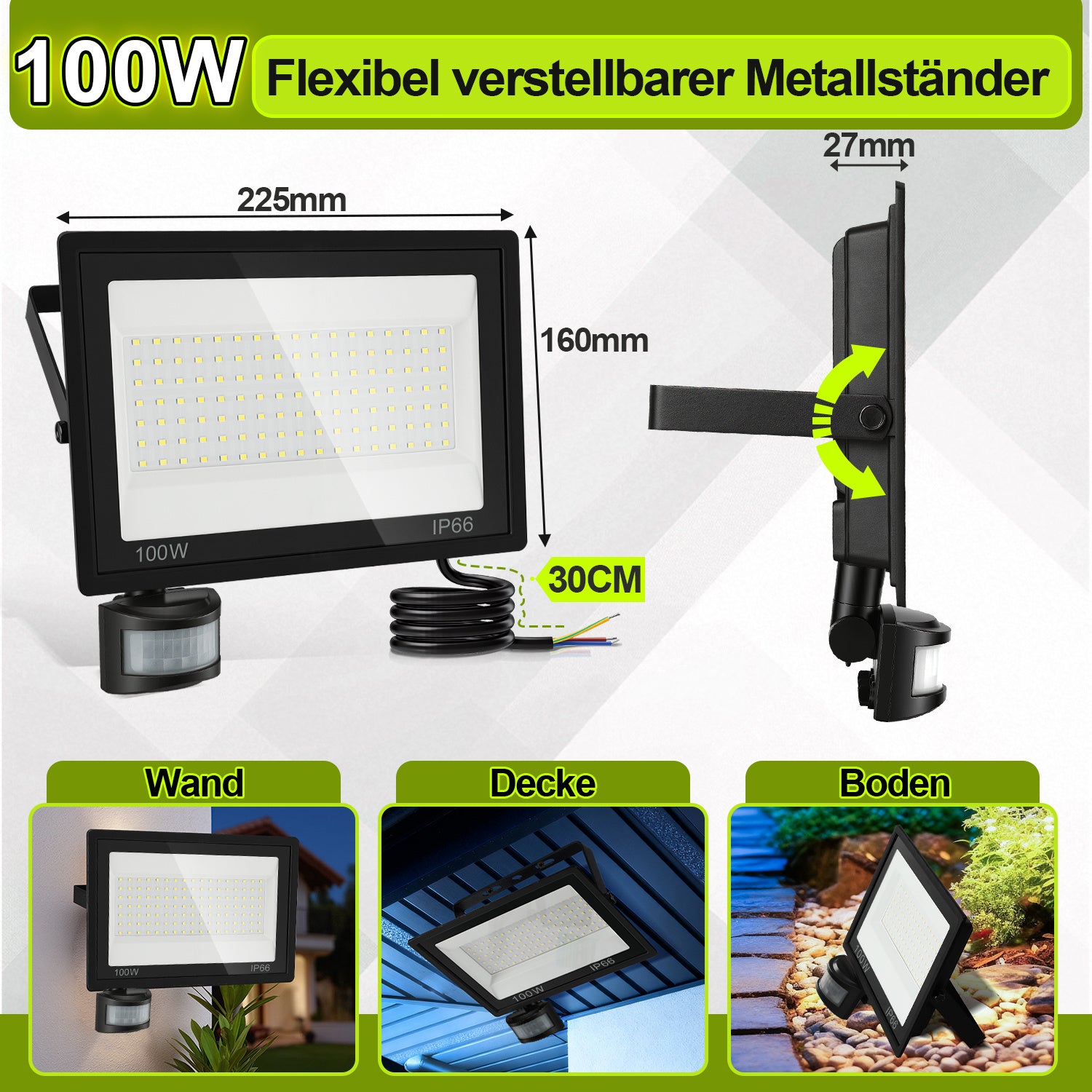SWANEW 10-100W LED Strahler mit Bewegungsmelder, LED Fluter Kaltweiß Wandstrahler Außen IP66, Scheinwerfer,  Gartenlampe, Baustrahler (kein Stecker)