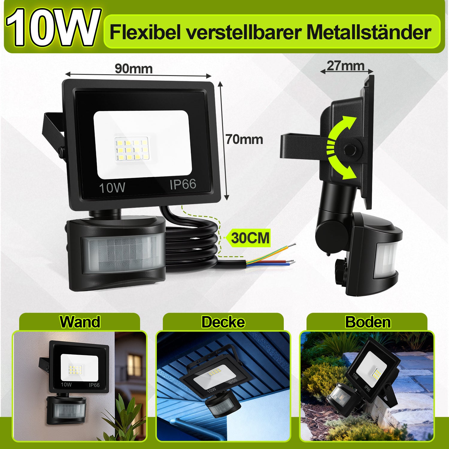 SWANEW 10-100W LED Strahler mit Bewegungsmelder, LED Fluter Kaltweiß Wandstrahler Außen IP66, Scheinwerfer,  Gartenlampe, Baustrahler (kein Stecker)
