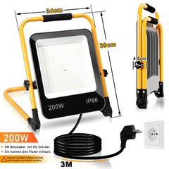 SWANEW LED Baustrahler 50W-200W, Arbeitsleuchte IP66 Wasserdicht, LED-Strahler mit 3M Kabel, und Faltbarer Ständer, 6000K Kaltweiß Fluter für Werkstatt  (mit Stecker)