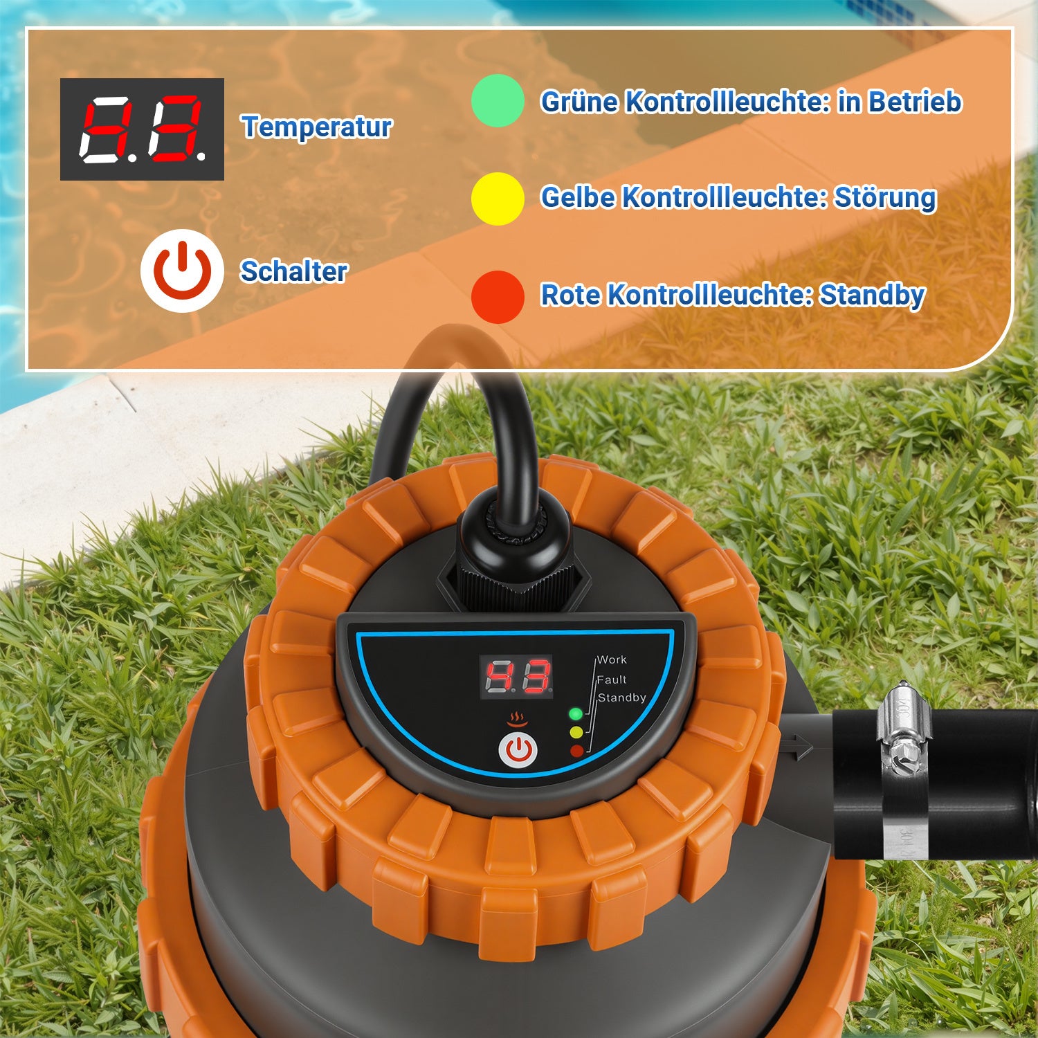 SWANEW Poolheizung Elektrisch 3KW, Heizung bis 45 °C, Ø 29 x 42 cm Pool Heizung  mit Digitalanzeige, FI-Schutz, Schnittstelle 32-38 mm