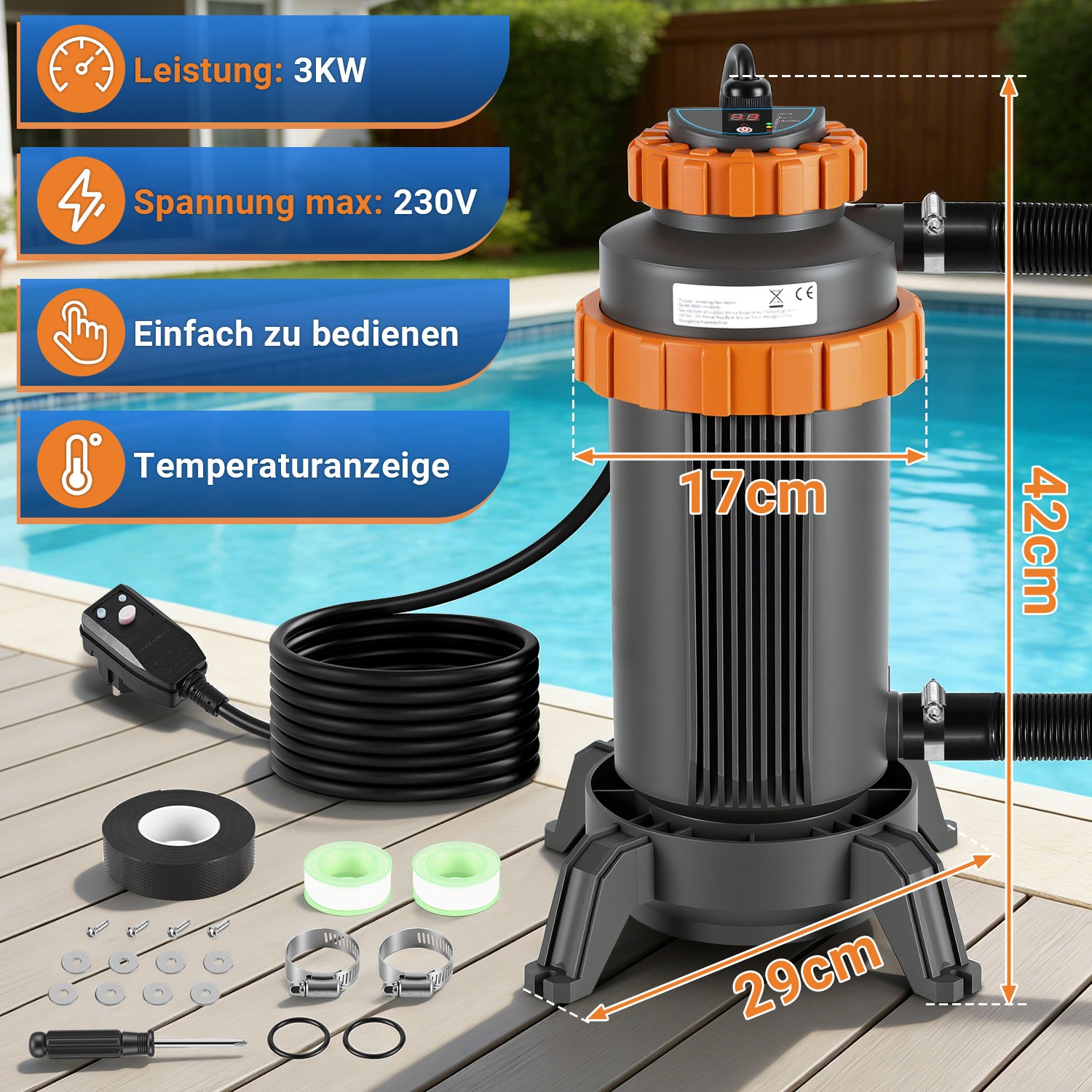 SWANEW Poolheizung Elektrisch 3KW, Heizung bis 45 °C, Ø 29 x 42 cm Pool Heizung  mit Digitalanzeige, FI-Schutz, Schnittstelle 32-38 mm