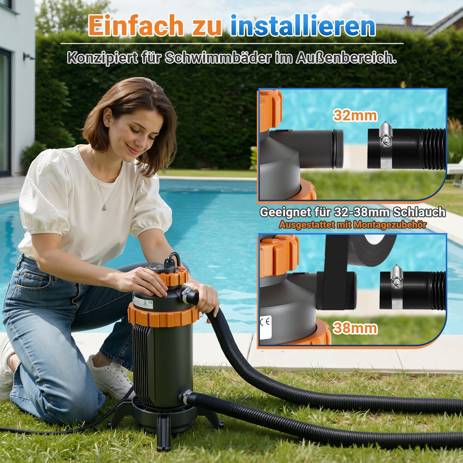 SWANEW Poolheizung Elektrisch 3KW, Heizung bis 45 °C, Ø 29 x 42 cm Pool Heizung  mit Digitalanzeige, FI-Schutz, Schnittstelle 32-38 mm