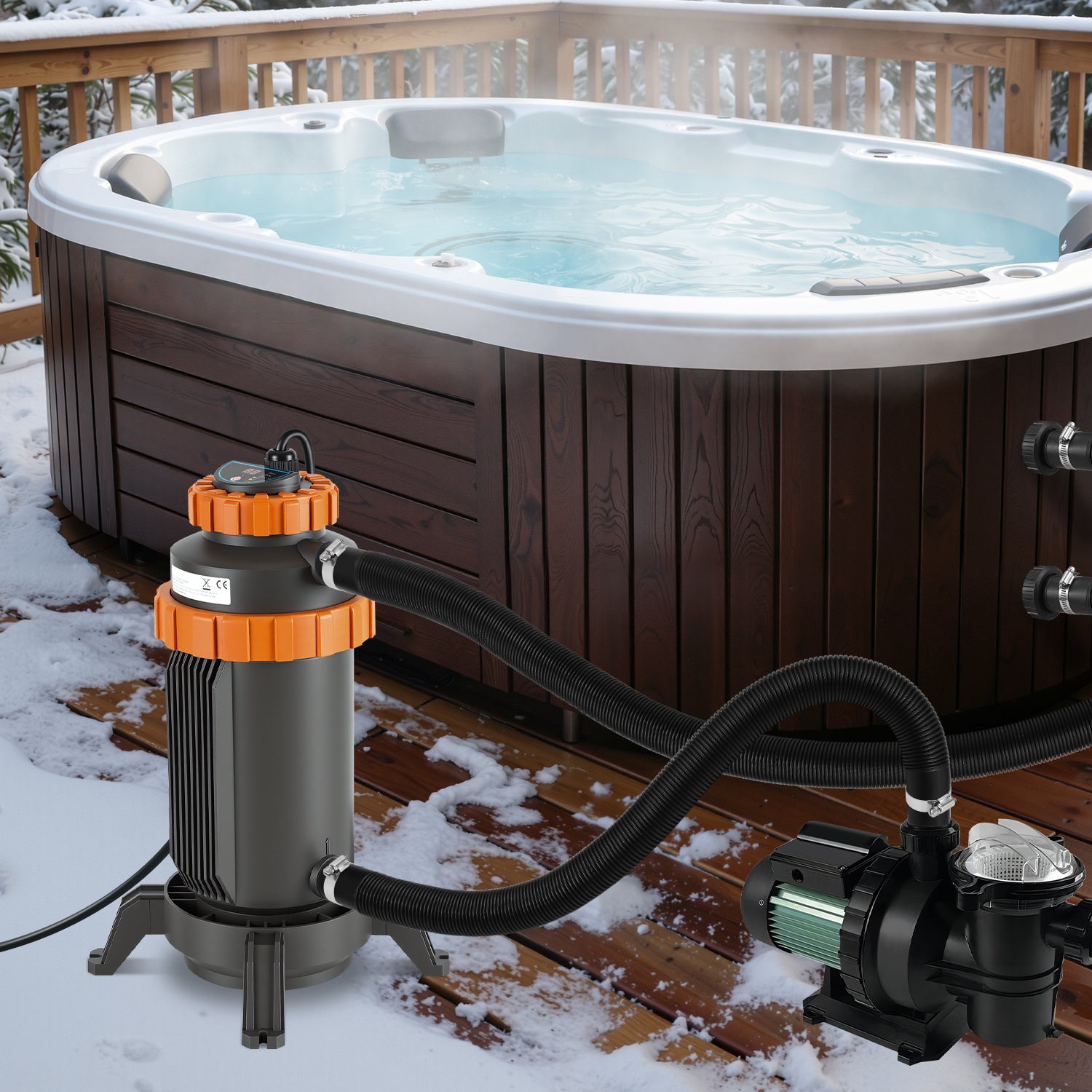SWANEW Poolheizung Elektrisch 3KW, Heizung bis 45 °C, Ø 29 x 42 cm Pool Heizung  mit Digitalanzeige, FI-Schutz, Schnittstelle 32-38 mm