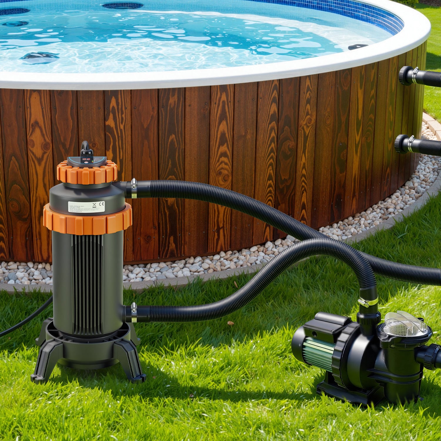 SWANEW Poolheizung Elektrisch 3KW, Heizung bis 45 °C, Ø 29 x 42 cm Pool Heizung  mit Digitalanzeige, FI-Schutz, Schnittstelle 32-38 mm