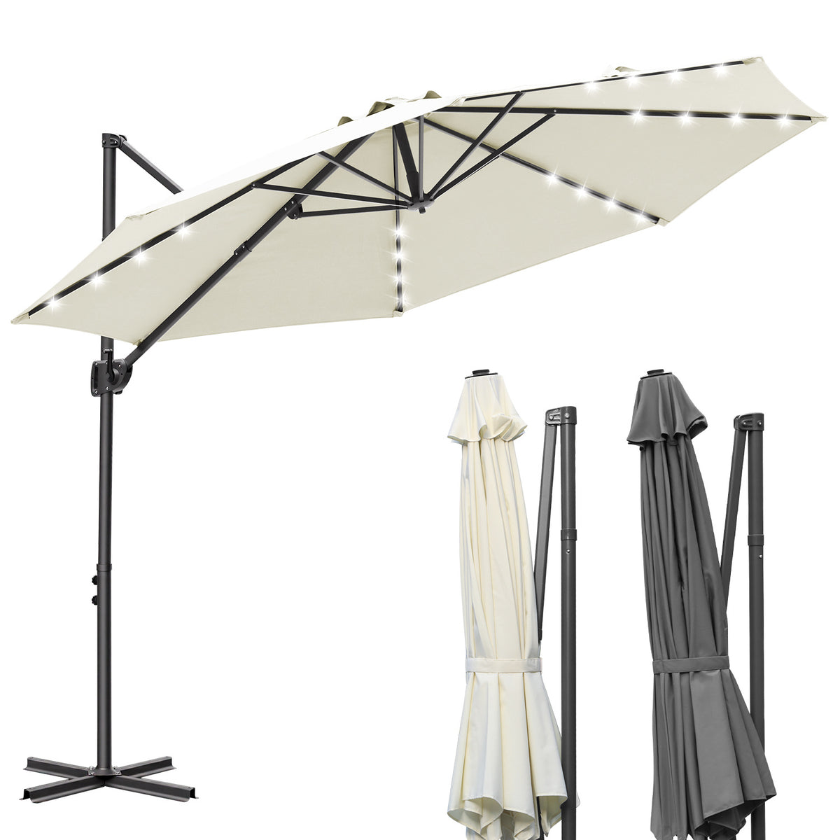 SWANEW Sonnenschirm Ampelschirm Ø 300 cm mit 28 LED, Terrassenschirm Rund Wasserdicht