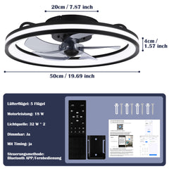SWANEW Deckenventilator Mit Beleuchtung Dimmbar Ventilator Ø50cm, Fernbedienung/APP-Steuerung, 6 Windstufen, Deckenleuchte mit Ventilator