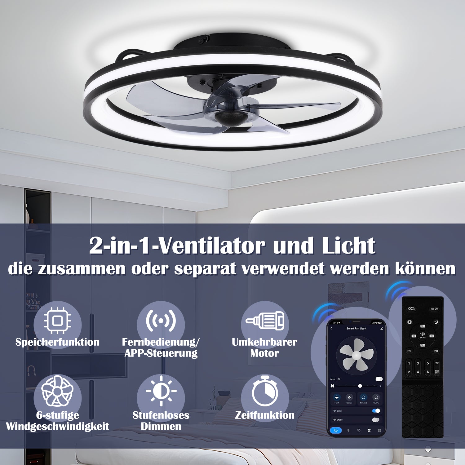 SWANEW Deckenventilator Mit Beleuchtung Dimmbar Ventilator Ø50cm, Fernbedienung/APP-Steuerung, 6 Windstufen, Deckenleuchte mit Ventilator
