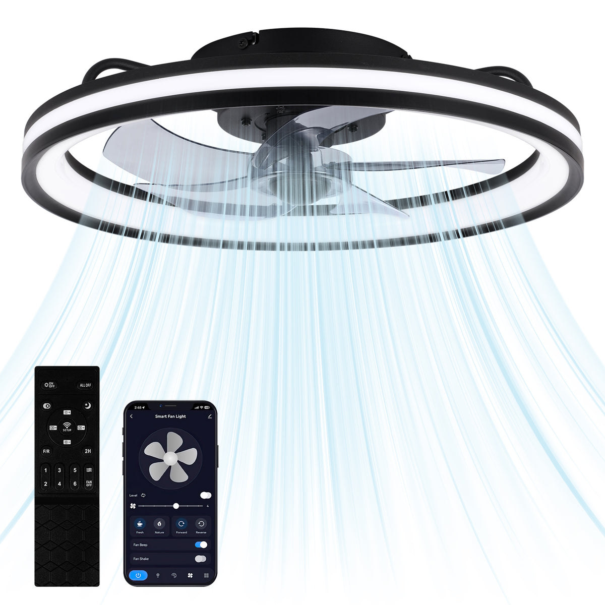 SWANEW Deckenventilator Mit Beleuchtung Dimmbar Ventilator Ø50cm, Fernbedienung/APP-Steuerung, 6 Windstufen, Deckenleuchte mit Ventilator