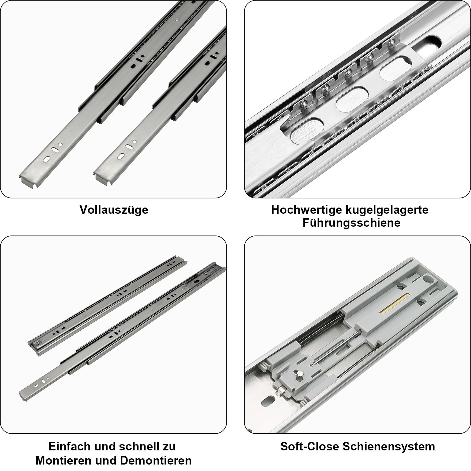SWANEW Schubladenschienen 250 - 550 mm, Schubladen  Schienensystem mit Selbsteinzug, Teleskopschiene vollauszug Schubladenauszüg, Kugelführung, Tragkraft 35 Kg