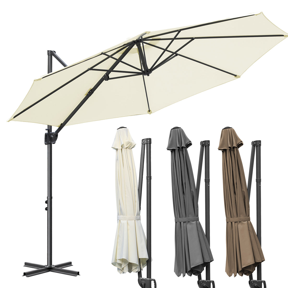 SWANEW  Sonnenschirm Ø 300 cm, Ampelschirm Rund, Marktschirm Groß 360° Rotation, für Gärten, Terrassen