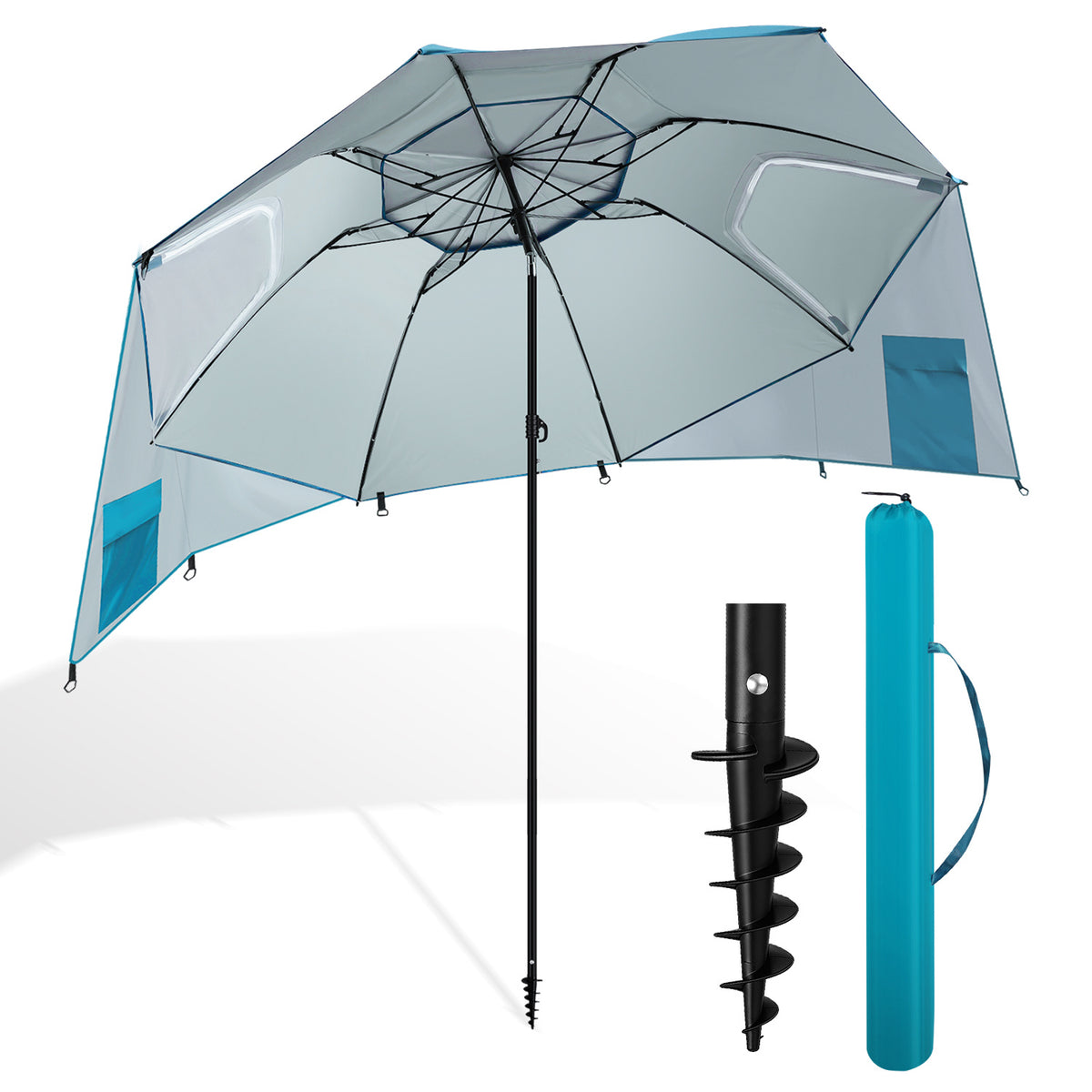 SWANEW Strandschirm mit Seitenwänden, Strandmuschel 2 in 1 mit UV50+, neigbarem Drehkopf, Spiral-Erdspieß & Tragetasche, für 2–4 Personen