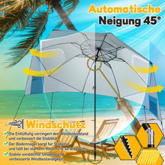 SWANEW Strandschirm mit Seitenwänden, Strandmuschel 2 in 1 mit UV50+, neigbarem Drehkopf, Spiral-Erdspieß & Tragetasche, für 2–4 Personen