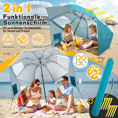 SWANEW Strandschirm mit Seitenwänden, Strandmuschel 2 in 1 mit UV50+, neigbarem Drehkopf, Spiral-Erdspieß & Tragetasche, für 2–4 Personen